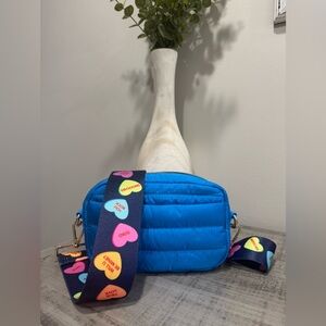 Blue Quilted Crossbody Bag with Colorful Strap